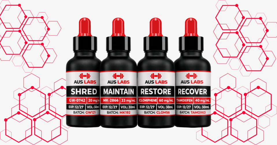 Four black AUS LABS dropper bottles—SHRED, MAINTAIN, RESTORE, RECOVER—in a row on white with red hexagon accents.