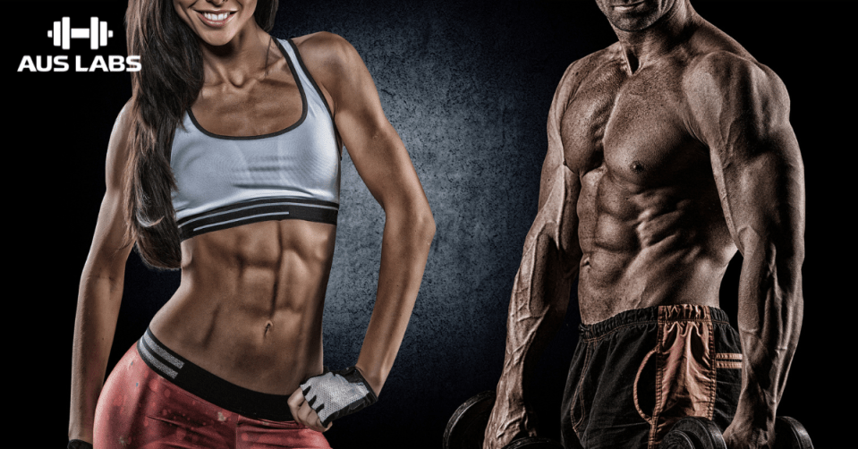 Fit woman and man in gym gear hold dumbbells, showing toned abs, with AUS LABS logo on a dark background.