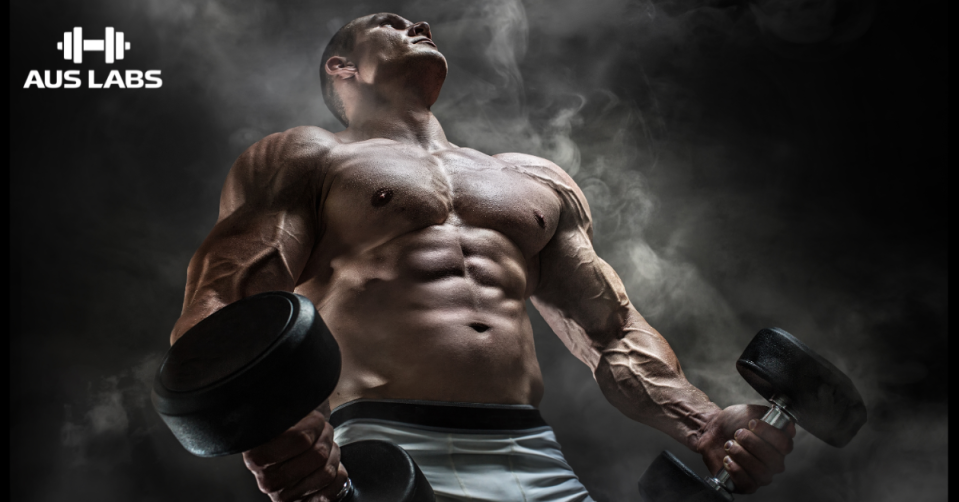 Shirtless, muscular man with dumbbells; AUS LABS logo top left on a smoky dark background.
