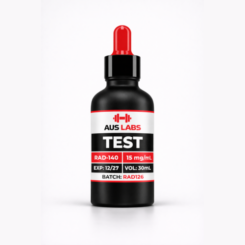 AUS LABS TEST (RAD-140) black dropper bottle, 15mg/mL, 30mL, batch RAD126, expiry 12/27.