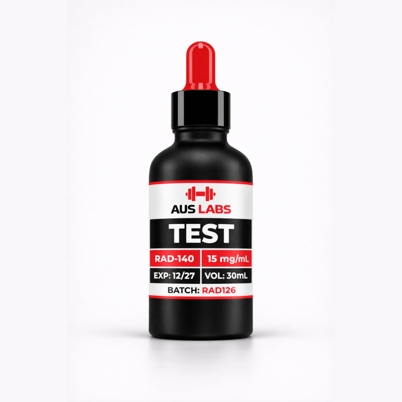 AUS LABS TEST (RAD-140) 15mg/mL black dropper bottle, 30mL, batch RAD126, expiry 12/27, on a white background.