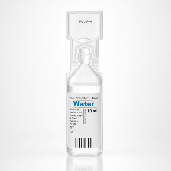 10mL single-dose vial of Water For Injection on a white background. Suitable for peptide solution preparation in Australia.