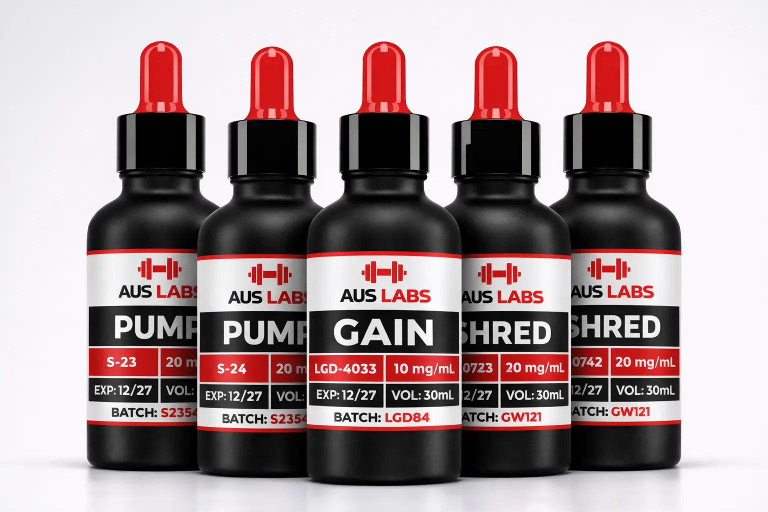 Five black AUS Labs bottles with red droppers labelled Pump, Gain, and Shred, showing product info and expiry details.