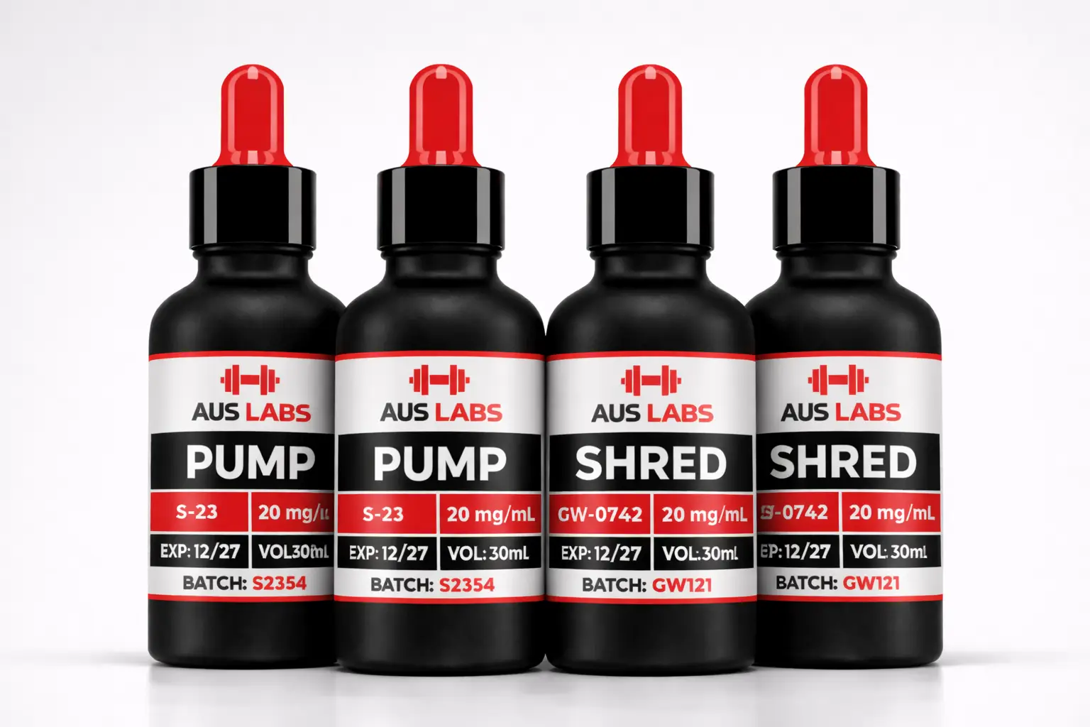 Four AUS LABS dropper bottles labeled PUMP and SHRED in a row, with dosage, volume, expiry, and batch details visible.