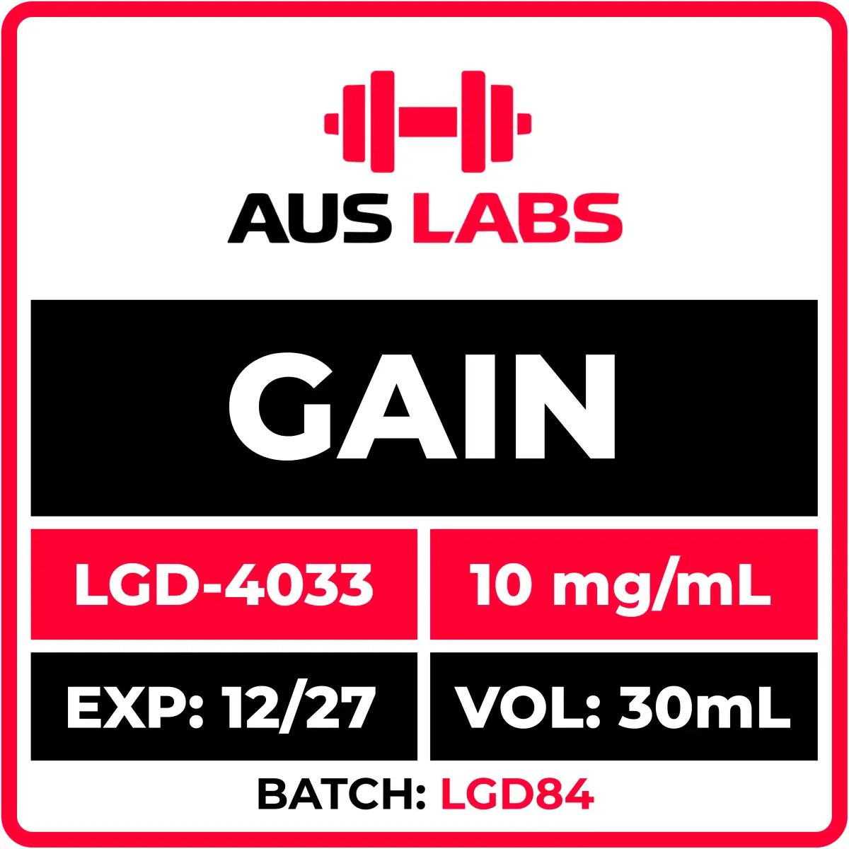 AUS LABS GAIN (LGD-4033) SARMs, 10 mg/mL in a 30 mL bottle with red dumbbell icon. Batch LGD84, expires 12/27.