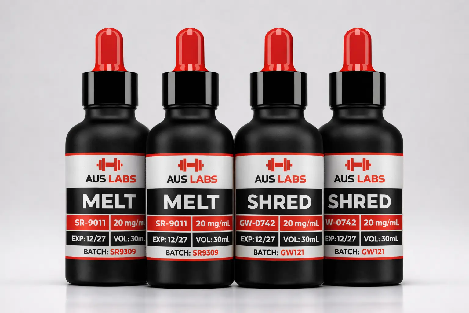 Four AUS LABS dropper bottles, MELT and SHRED, lined up showing mg/mL, expiry, and batch details on labels.
