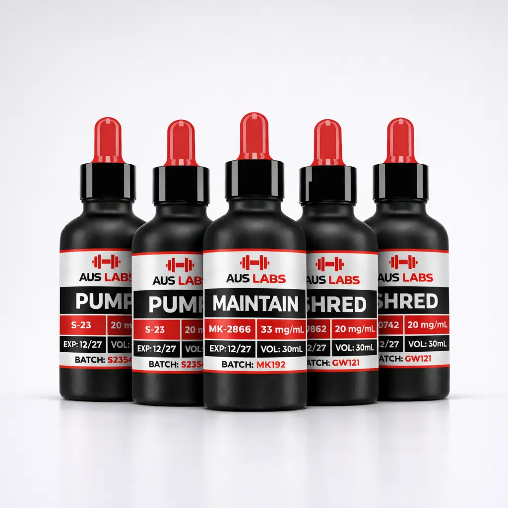 Five AUS LABS black dropper bottles, each labelled Pump, Maintain, or Shred with dosage and batch details.