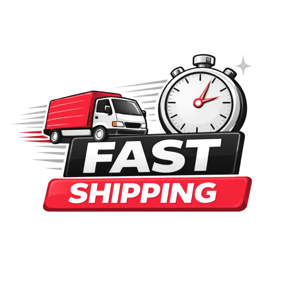 Red delivery van zooms past a large stopwatch, with "FAST SHIPPING" in bold below.