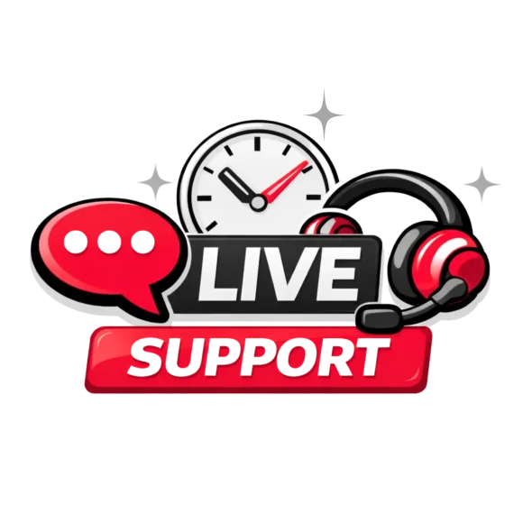 Clock, chat bubble and headset icons with "Live Support" in bold, representing customer service availability.