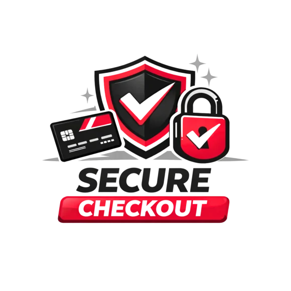 Credit card, shield with check mark, and padlock above “Secure Checkout,” representing a safe payment process.