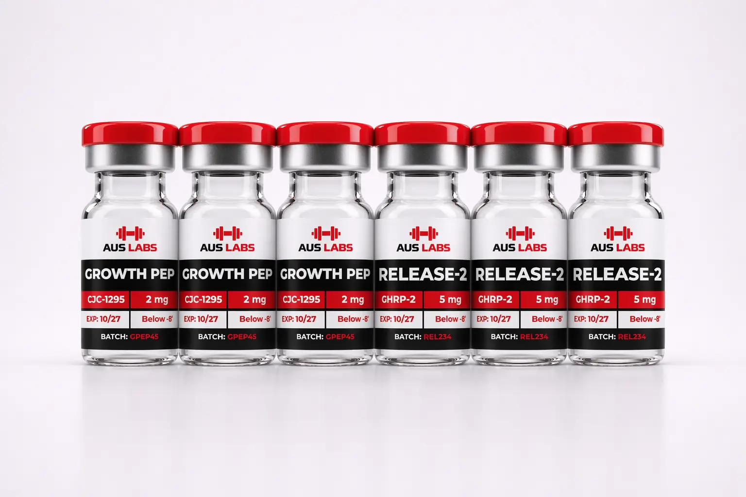 Six clear vials with red lids, labelled “AUS LABS”, containing CJC-1295 or GHRP-2 peptides, lined up on white background.