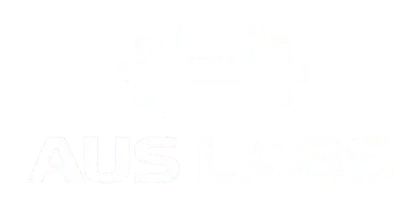 White dumbbell logo above bold AUS LABS text on a light grey background.