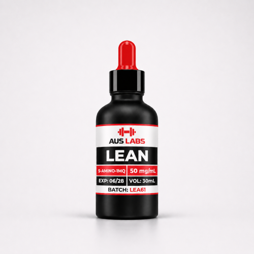 30mL AUS LABS LEAN bottle, 50mg/mL S-AMINO-1MQ, batch LEA61, expires 06/28, with red dropper cap.