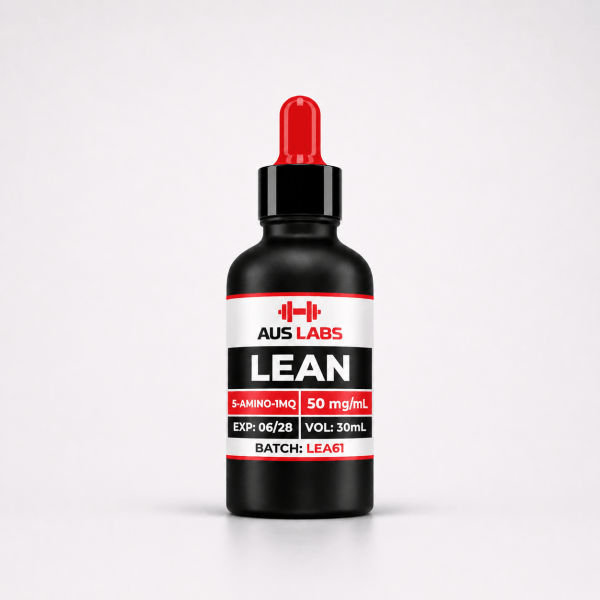 30mL AUS LABS LEAN bottle, 50mg/mL S-AMINO-1MQ, batch LEA61, expires 06/28, with red dropper cap.