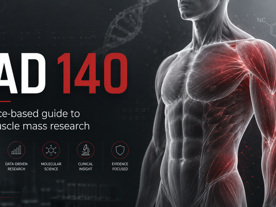 Muscular torso with highlighted muscles, text reads RAD 140: A science-based guide to lean muscle mass, with science icons.