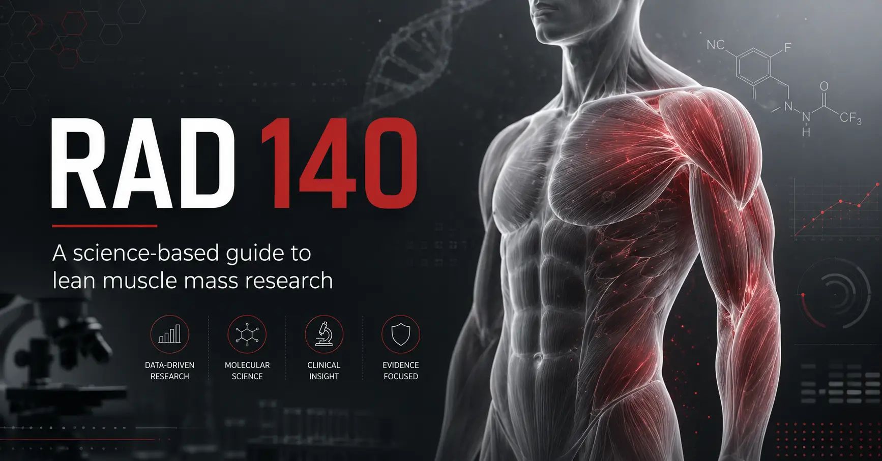 Muscular torso with highlighted muscles, text reads RAD 140: A science-based guide to lean muscle mass, with science icons.
