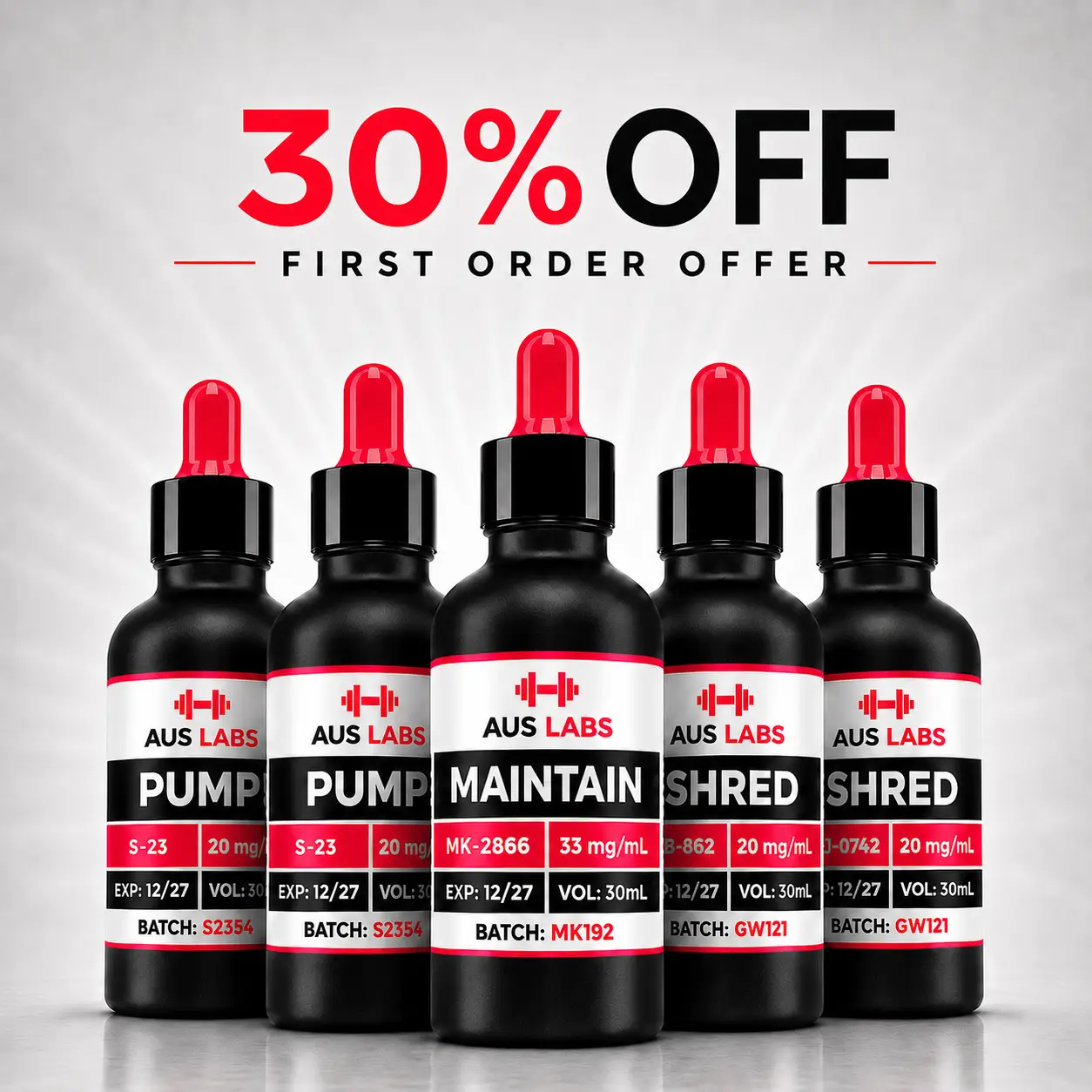 Five AUS Labs supplements with red droppers lined up; text above says 30% OFF FIRST ORDER OFFER in bold red and black.