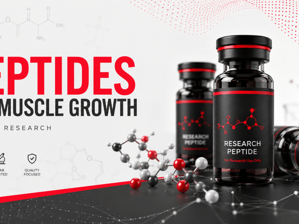 Three black Research Peptide bottles for muscle growth with molecular models and icons on a white background with red accents.