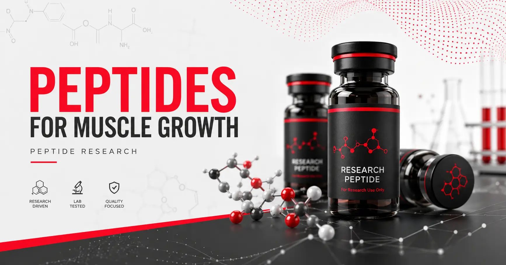 Three black Research Peptide bottles for muscle growth with molecular models and icons on a white background with red accents.