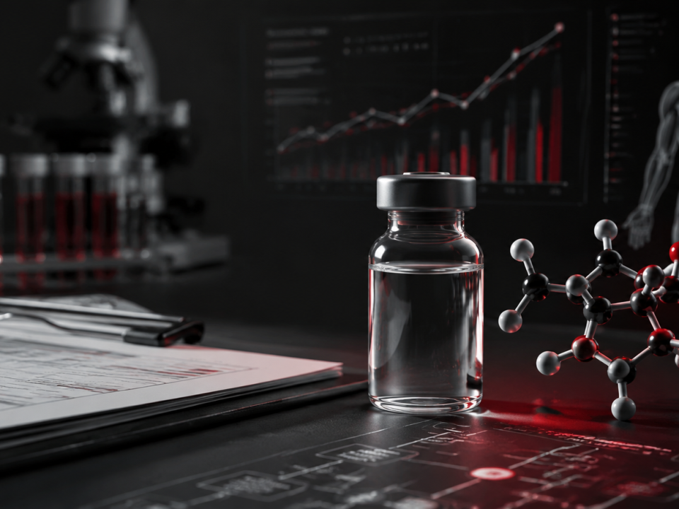 Vial, documents on clipboard, molecular model, and lab glassware on desk with charts and anatomy diagram in the background.