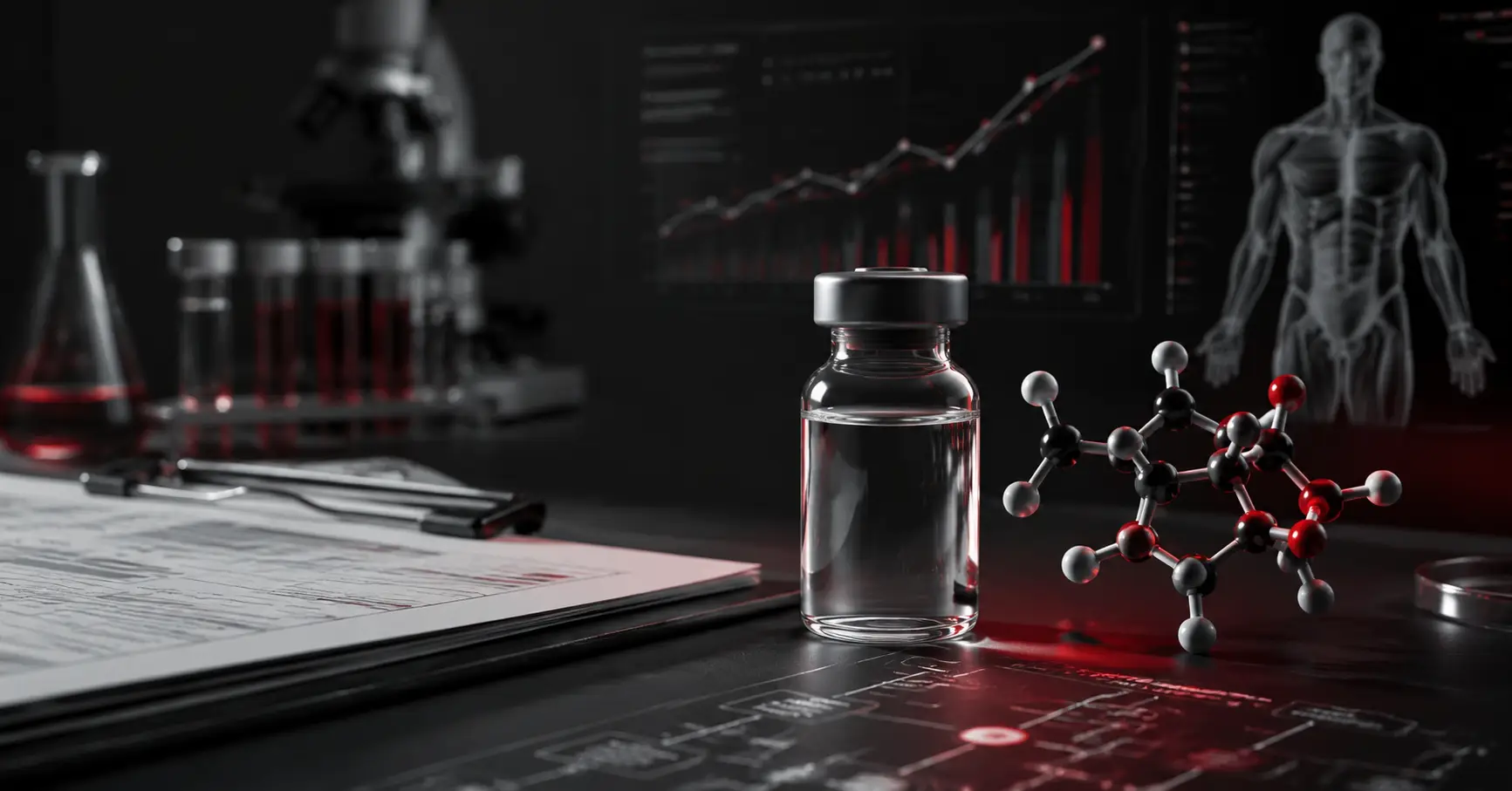 Vial, documents on clipboard, molecular model, and lab glassware on desk with charts and anatomy diagram in the background.