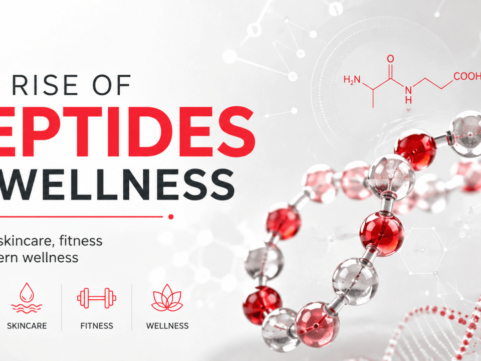 “The Rise of Peptides in Wellness” headline, molecular structure, and science, skincare, fitness, wellness icons on white background.
